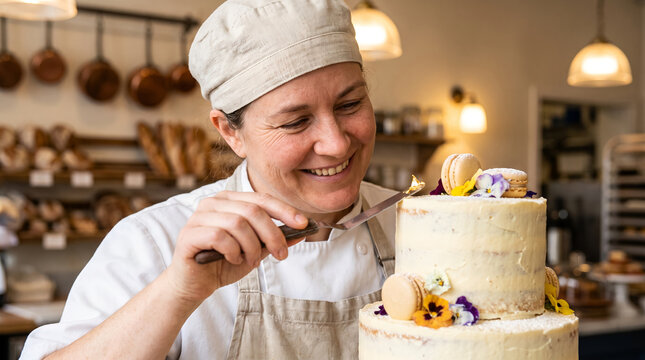 Female pastry chef in white apron, multi tiered frosted cake with macarons, using metal icing spatula to decorate dessert, professional bakery kitchen workshop, culinary arts photography