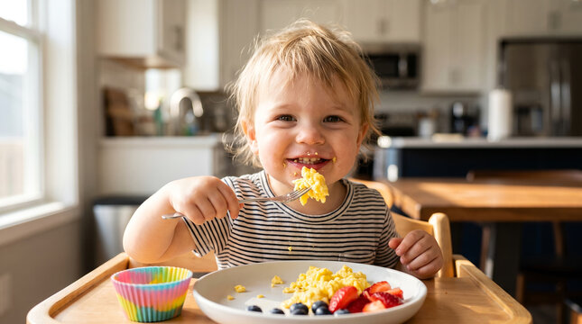 Toddler boy eating breakfast, with scrambled eggs and fresh berries on tray, smiling with food messy face, sitting in a bright kitchen, lifestyle photography