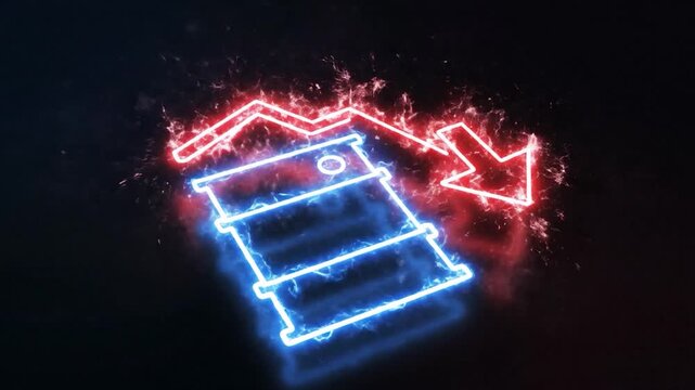 Glowing neon house blueprint on a dark reflective surface
