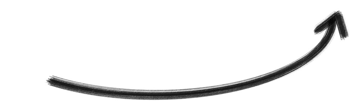 Black hand drawn curved arc line arrow swoosh on white background