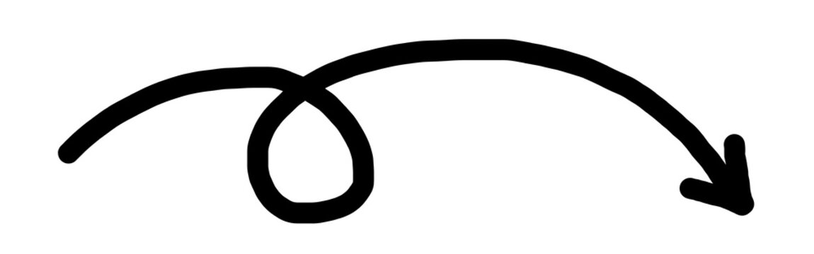 Black hand drawn spiral loop curved arrow on white background