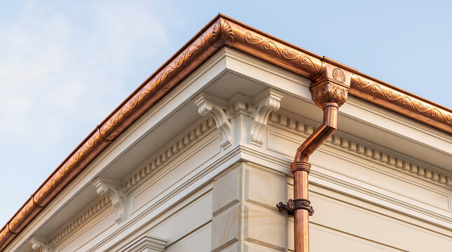Ornate copper gutter and downspout on the corner of a white victorian building with decorative molding, brackets, and metallic trim