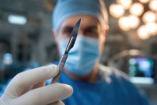 Sterile scalpel in surgeon hand, masked doctor in operating room, surgical tool close-up with blue medical gloves