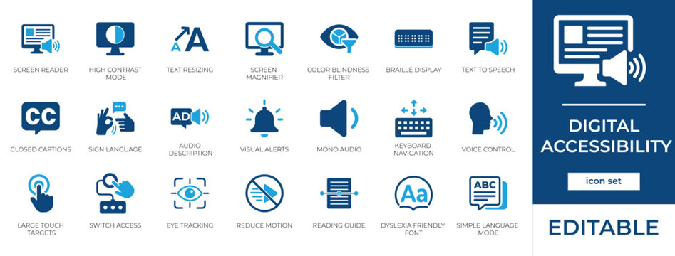 Digital Accessibility Icon Set for Web UI UX Design, Assistive Technology Symbols, WCAG Compliance, Disability Support, Screen Reader, Inclusion Vectors
