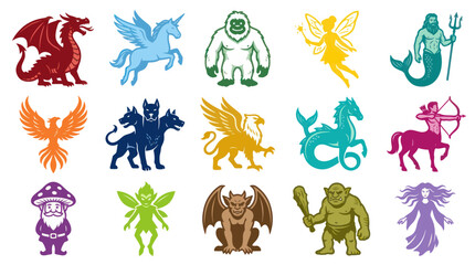Obraz premium Mythology Fantasy Creatures, Monsters, Folklore Characters Stylized Flat Vector Icon Set