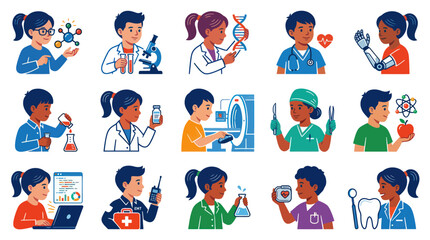 Fototapeta premium Children STEM and Medical Careers Flat Vector Icons Collection. Science, Technology, Engineering, Math, Healthcare Professions.