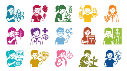 Fototapeta premium Flat Icon Set of Diverse Kids Engaged in Science and Medicine Education