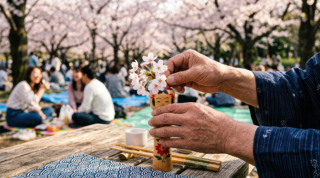 Person arranging cherry blossoms during hanami picnic.