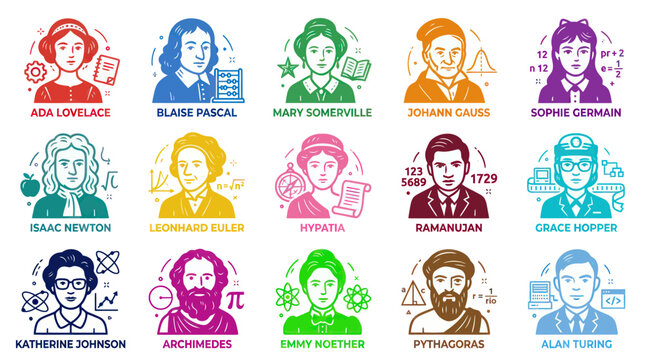 Science and Math Education: Flat Line Art Outline Icons of Famous Mathematicians and Scientists Avatars
