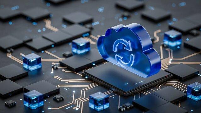 Blue glass cloud with refresh arrows floating above a dark computer circuit board