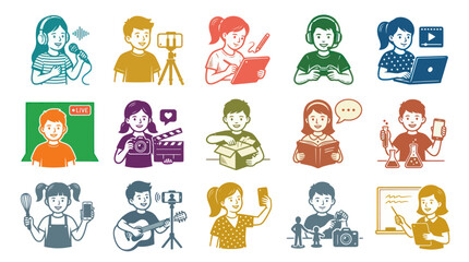 Fototapeta premium Modern Children Activities Line Art Illustrations: Kids Learning, Technology, Digital Media, Hobbies, Education Science