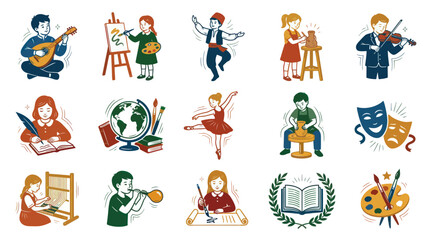 Fototapeta premium Vintage Style Hand-Drawn Icons Collection: Education, Arts, Culture, Hobbies Activities Vector Set