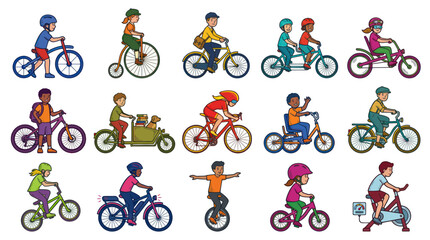 Obraz premium Diverse Kids Riding Bicycles and Tricycles, Flat Vector Art