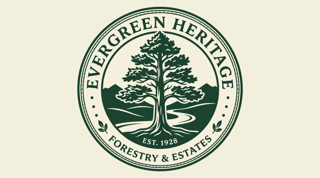 Heritage logo features tree and forestry elements on circular emblem