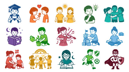 Obraz premium Child Development Education Flat Illustration Vector Set: Kids Learning, Playing Emotional Growth