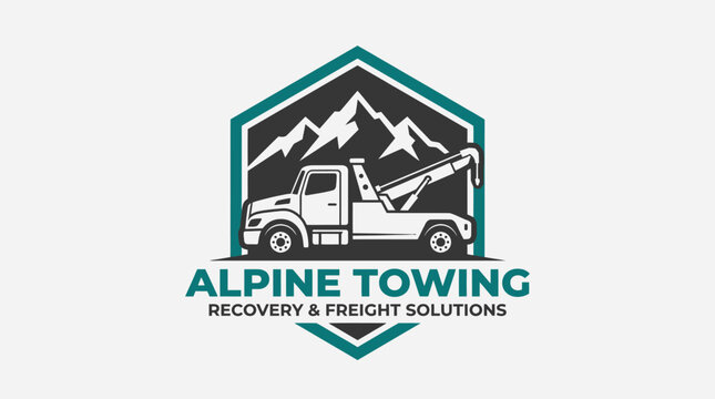 Towing truck drives through mountains with logo on side panel