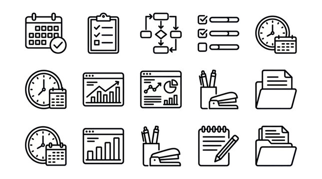 Business office planning and management line icon set.