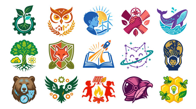 Modern Flat Vector Conceptual Logos  Icons for Education, Technology, Environment, and Future Sustainability