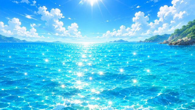 夏の太陽が水面に煌めく、アニメーション風の美しい海と青空