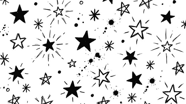 Doodle style night sky background with hand drawn twinkling stars sparks and splashes illustration vector pattern for creative festive holiday wallpaper design isolated on transparent.
