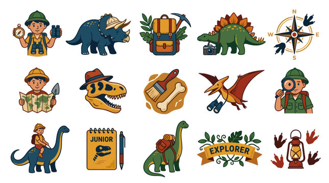 Dinosaur Explorer and Paleontology Flat Cartoon Vector Illustration Set with Kids, Dinosaurs, and Adventure Elements