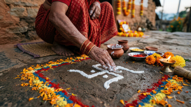 Woman creating a sacred swastika symbol with white powder during a religious ritual.