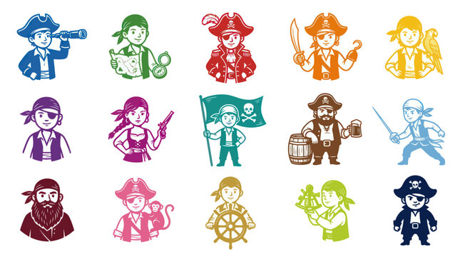Flat Vector Pirate Characters and Icons Set. Adventure, Fantasy, and Kids Theme Illustrations Collection.
