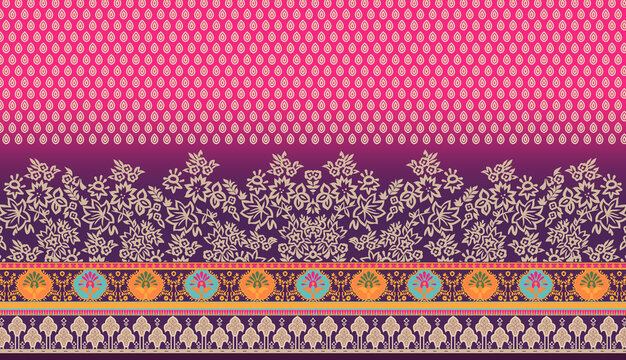 Digital design and ethnic border in digital printing.Premium Seamless Pattern Design for print  kurti, dupatta and salwar.
