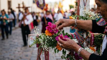 Fototapeta premium Woman decorating a cross with flowers during a religious procession.