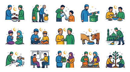 Fototapeta premium Islamic Muslim Ramadan Eid Traditions Flat Vector Illustration Set: Charity, Prayer, Community Activities