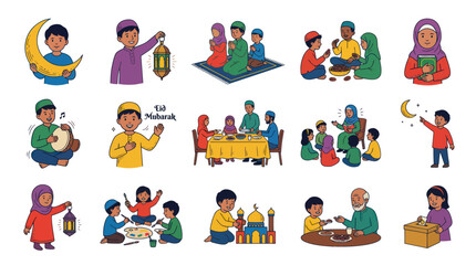 Fototapeta premium Cartoon vector illustration set of Islamic Ramadan and Eid Mubarak holiday celebrations with Muslim kids and families