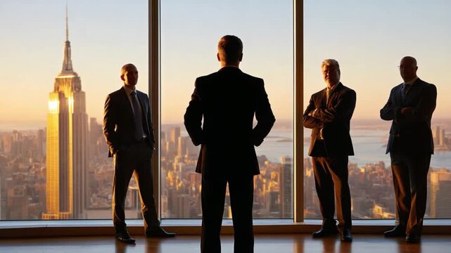 Boardroom Visionaries: A group of distinguished businessmen in sharp suits stand silhouetted against a panoramic city skyline at sunset, exuding an aura of power and strategic foresight.