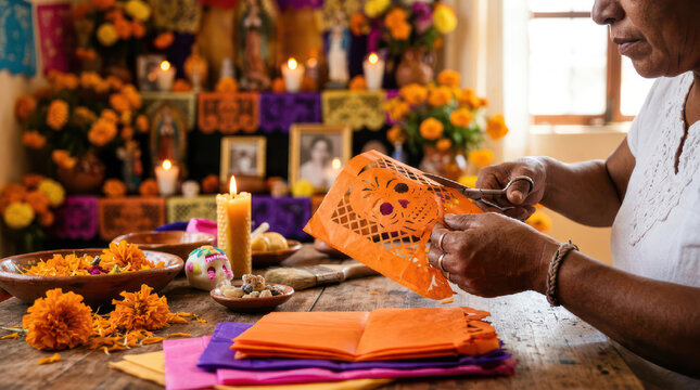 Woman decorating altar with colorful paper crafts for Day of the Dead celebration.