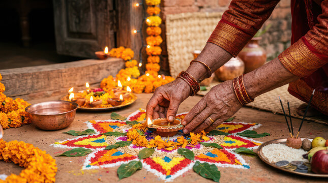 Woman decorating a traditional Indian rangoli with diyas for Diwali festival.