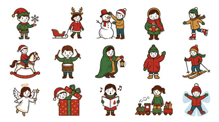 Obraz premium Cheerful Hand Drawn Doodle Style Christmas Winter Holiday Children Characters and Activities Illustration Set