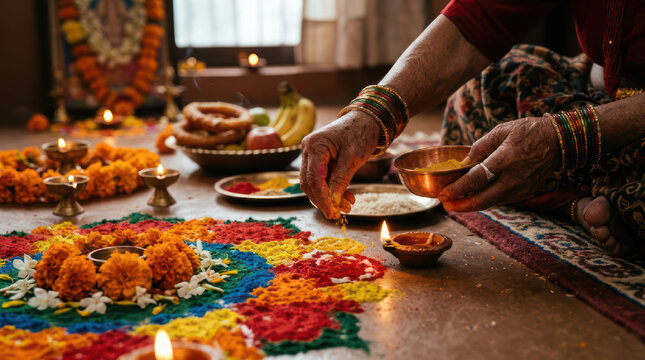 Woman Decorating Rangoli with Flowers and Diyas During Festival.