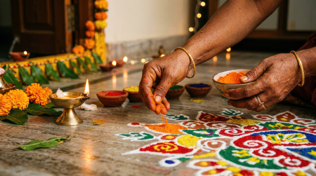 Woman decorating floor with colorful rangoli powder during festival.