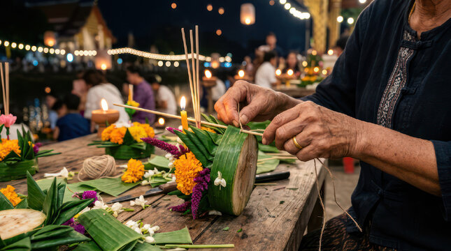 Woman hands crafting traditional Thai krathong for festival celebration.