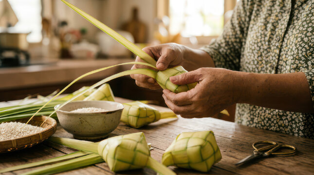Woman hands weaving palm leaves into rice cakes for cooking.