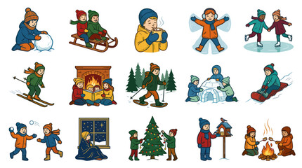 Naklejka premium Winter Activities for Kids: Children Playing in Snow, Sledding, Ice Skating, Building Igloo, Christmas Tree Decorating, Roasting Marshmallows - Flat Vector Art