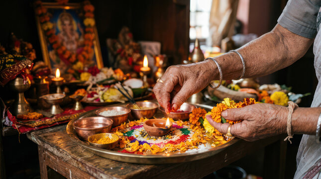 Woman performing Hindu puja ritual with offerings and lamps.
