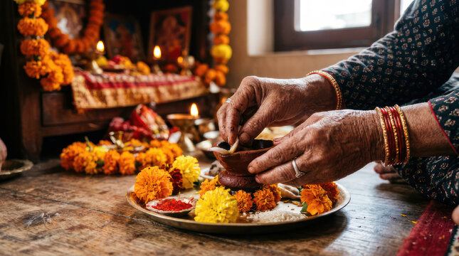 Woman performing Hindu puja ritual with marigold flowers and diyas.