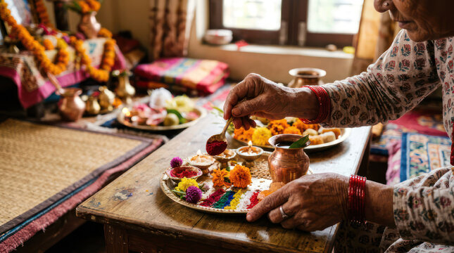 Woman performing Hindu puja ritual with offerings on a plate.
