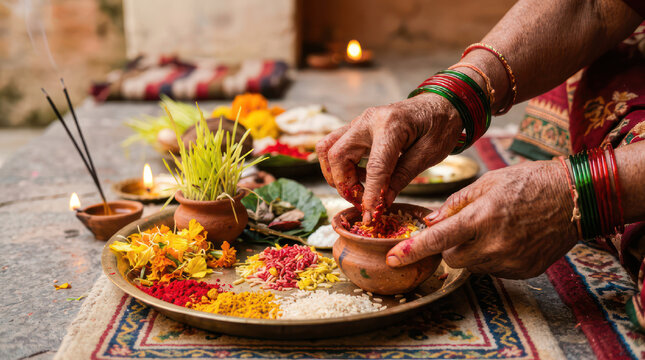 Woman performing Hindu religious ritual with offerings and incense.