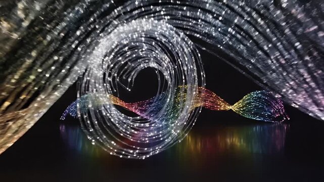 Glowing threads of light in a swirling, wave-like pattern on a dark reflective surface