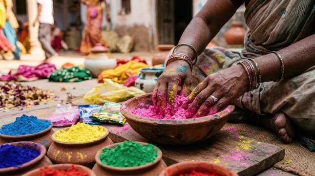 Woman preparing colorful powders for holi festival celebration.