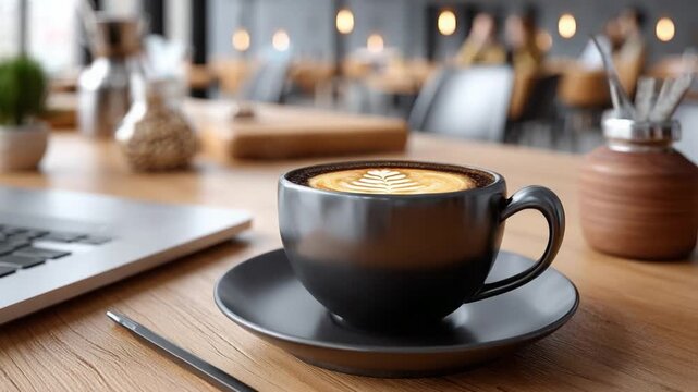 A Perfect Blend: A steaming cup of rich coffee sits on a saucer, alongside an open laptop and a pen, ready for a productive morning in a cozy cafe.