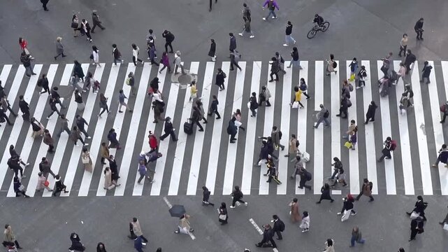 High Angle View of Crowded City Pedestrian Crosswalk