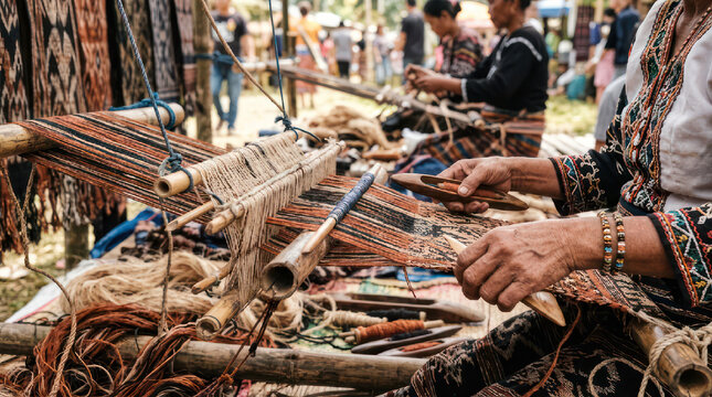 Woman weaving traditional fabric on a loom with intricate patterns.