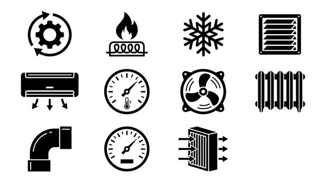 HVAC system icons set with various elements for heating, ventilation, and air conditioning.